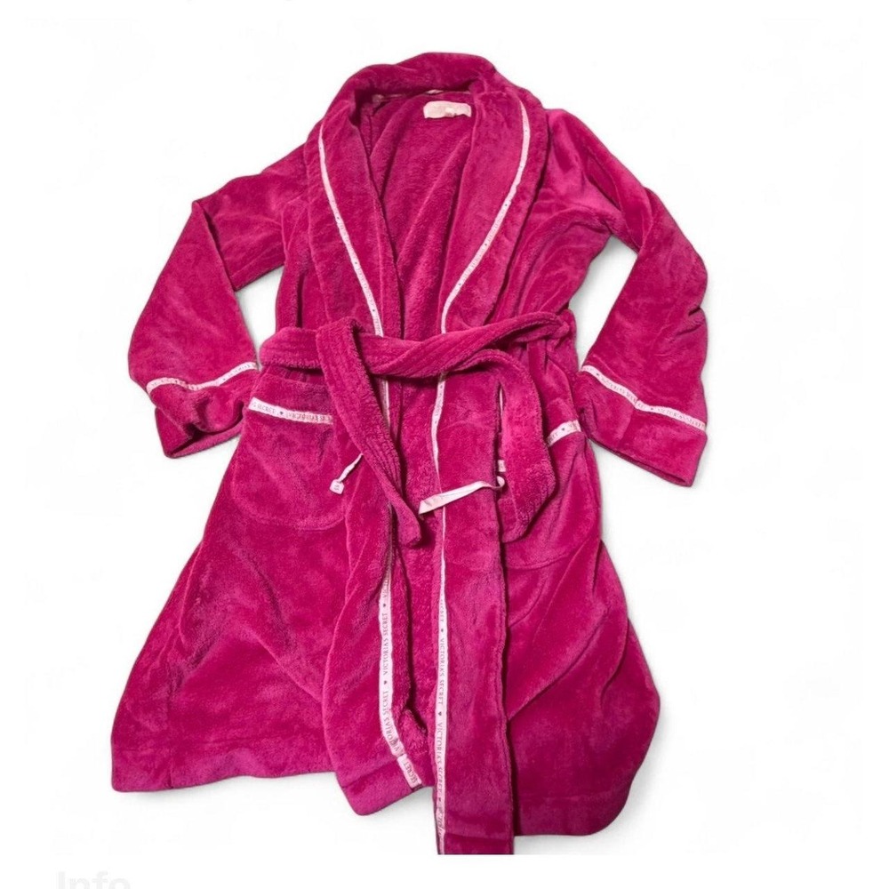 Y2K Victoria's Secret Pink Plush Robe Logo Trim Belted Pockets Small